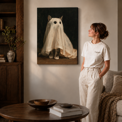Gallery-wrapped ghost cat canvas with pointed ears and visible paws in a cozy room