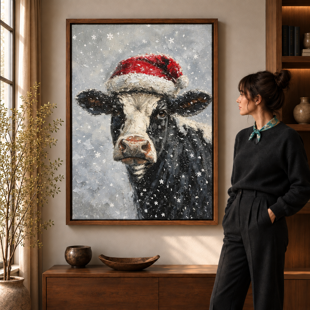 Woman beside walnut-framed Christmas cow wall art in a warmly lit living room.