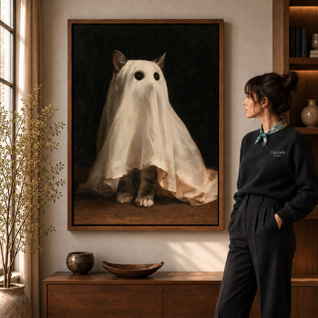 Ghost cat canvas wall art in a walnut frame, displayed in a warm living room