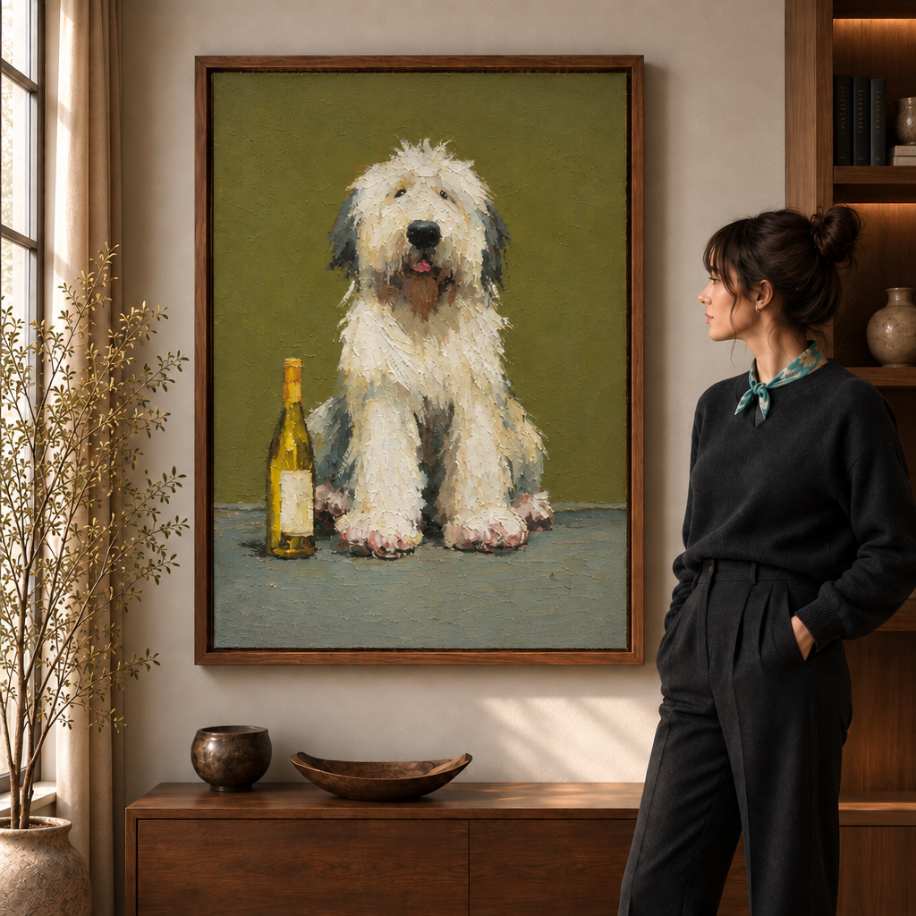 Woman beside walnut-framed shaggy dog wall art with a wine bottle and olive backdrop.