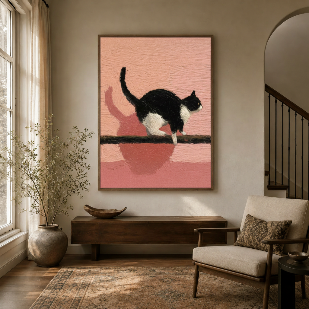 Black and white tuxedo cat canvas print in walnut float frame above console in warm neutral entryway with arched doorway