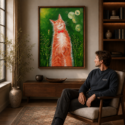 Ginger cat wall art above a seated viewer in a cozy room with bookshelves.