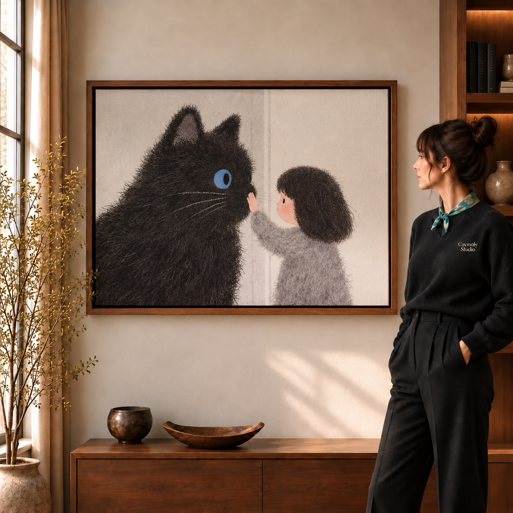 Black framed cat and girl canvas wall art above a round table