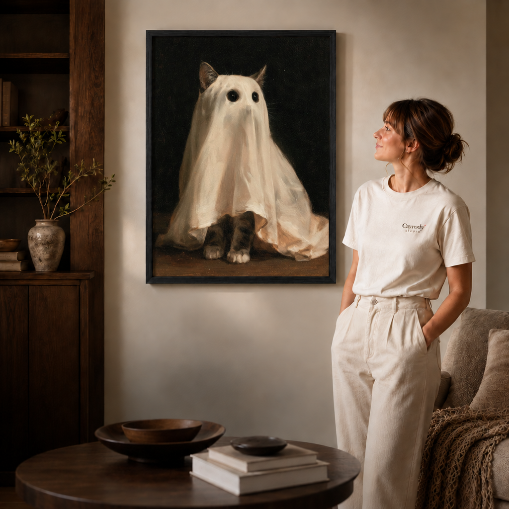 Black-framed ghost cat wall art with a white sheet and dark background in a living room