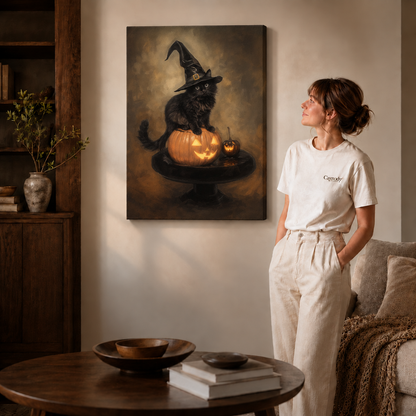 Walnut framed Halloween black cat artwork displayed above a console beside a seated man