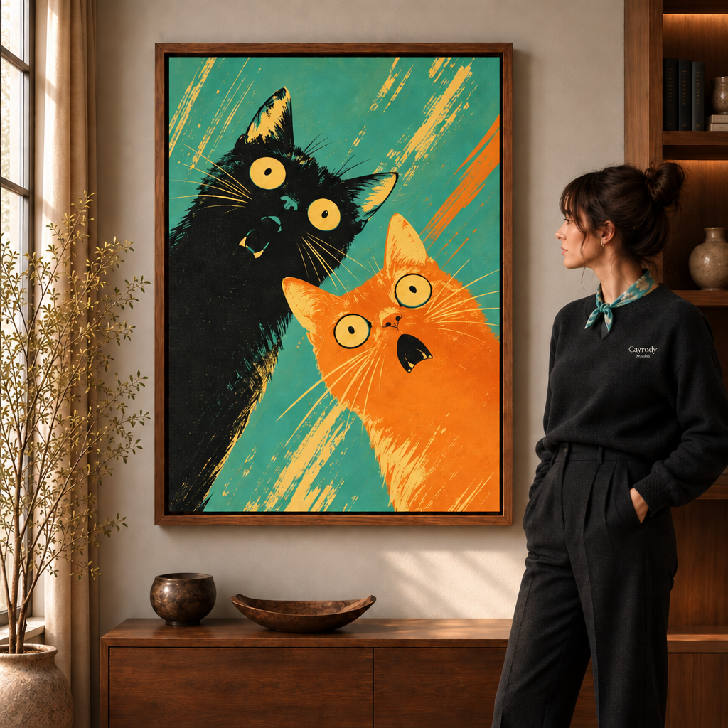 Pop art cat canvas beside a woman in a black Cayrody Studio sweater, staged as a cozy living room scene.