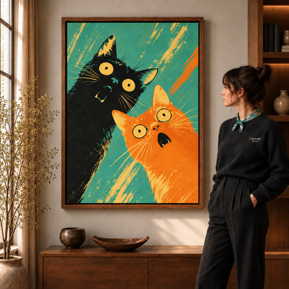 Pop art cat canvas beside a woman in a black Cayrody Studio sweater, staged as a cozy living room scene.
