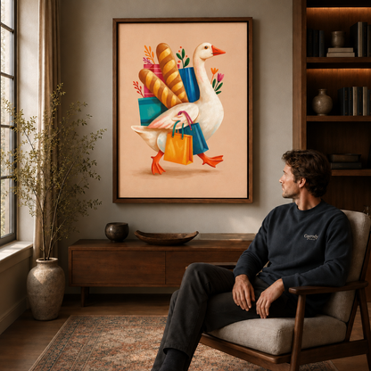 Seated man looking toward framed shopping goose illustration in a warm living room.