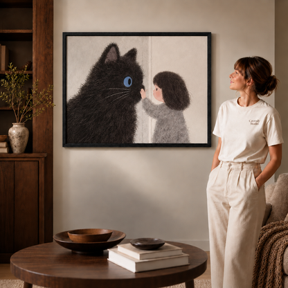 Unframed cat and girl canvas wall art above a round table