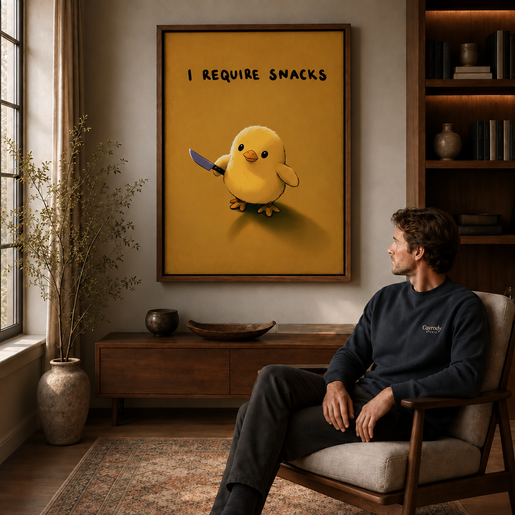 Seated man viewing a framed yellow chick holding a tiny knife beneath a snack-time slogan.