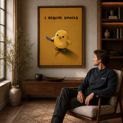Seated man viewing a framed yellow chick holding a tiny knife beneath a snack-time slogan.