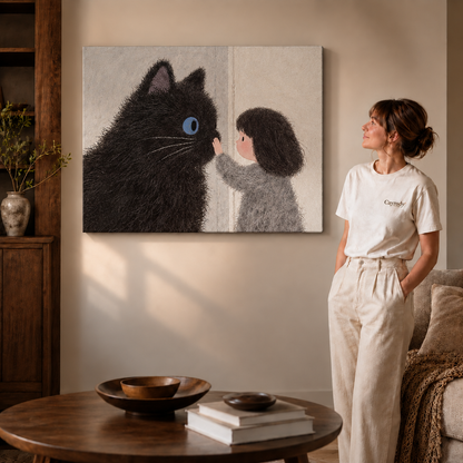 Black cat and girl canvas wall art in a walnut frame