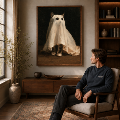Walnut-framed ghost cat artwork showing a sheet-draped cat beside a seated man