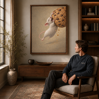 White mouse reaching toward golden flowers in walnut-framed canvas art above a seated man.