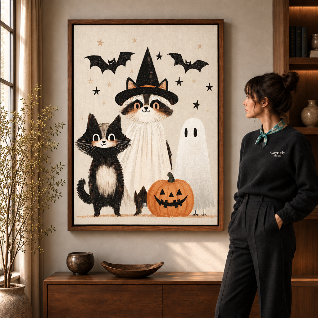 Walnut-framed Halloween cat canvas wall art displayed beside a woman in a sunlit living room.