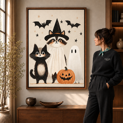 Walnut-framed Halloween cat canvas wall art displayed beside a woman in a sunlit living room.