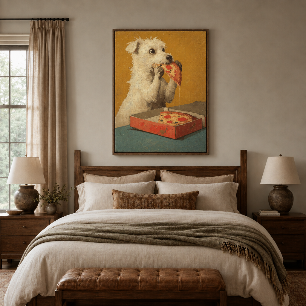 Funny dog eating pizza canvas wall art in walnut float frame displayed above bed headboard in cozy bedroom