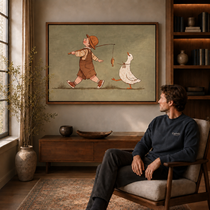 Whimsical boy and duck illustration in a framed canvas above a wooden sideboard