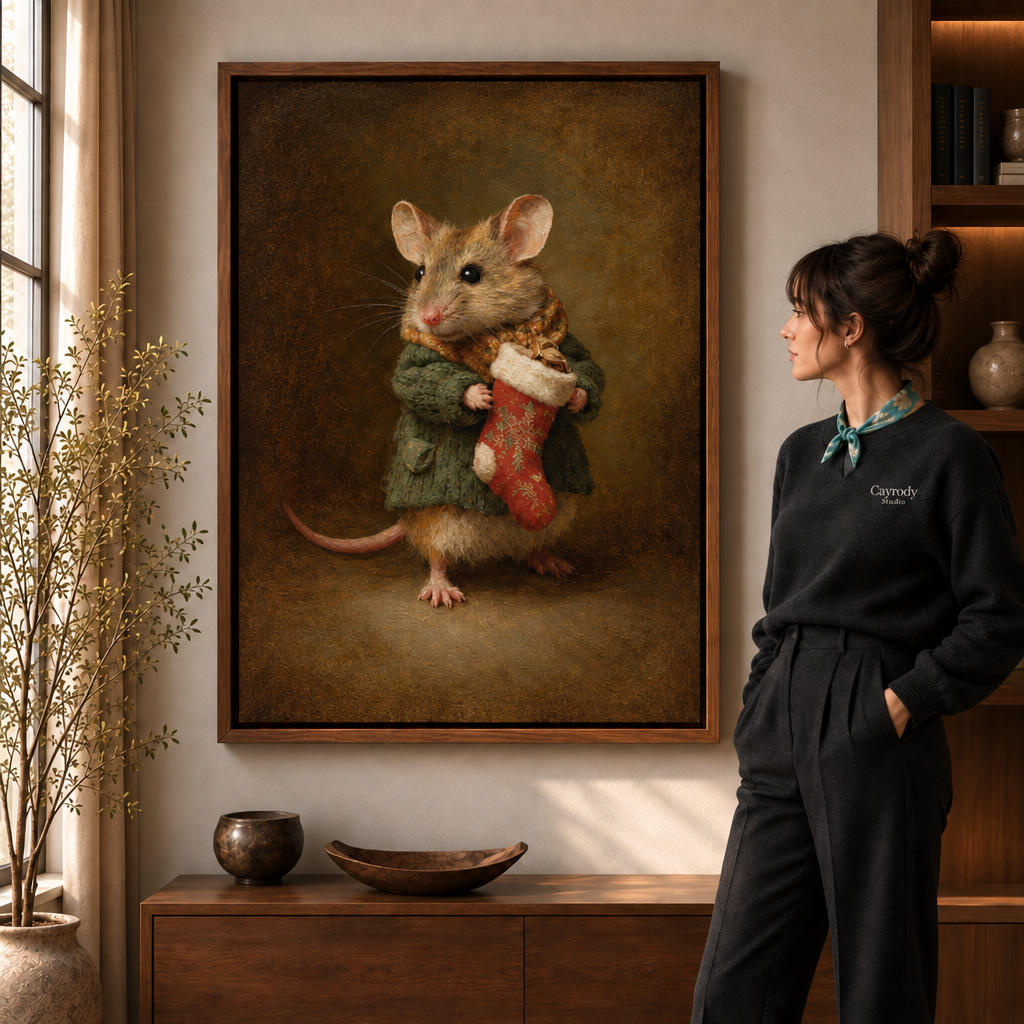 Woman beside walnut-framed Christmas mouse wall art in a warmly lit living room.