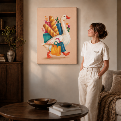 Seated man looking toward framed shopping goose illustration in a warm living room.