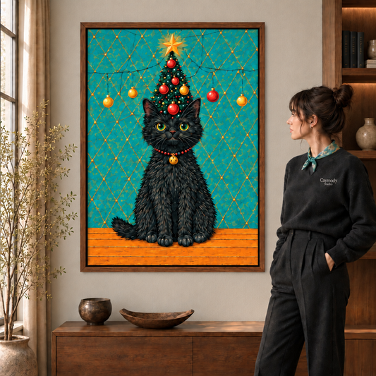 Walnut-framed black cat Christmas tree wall art above a wooden sideboard beside a window and leafy branches.
