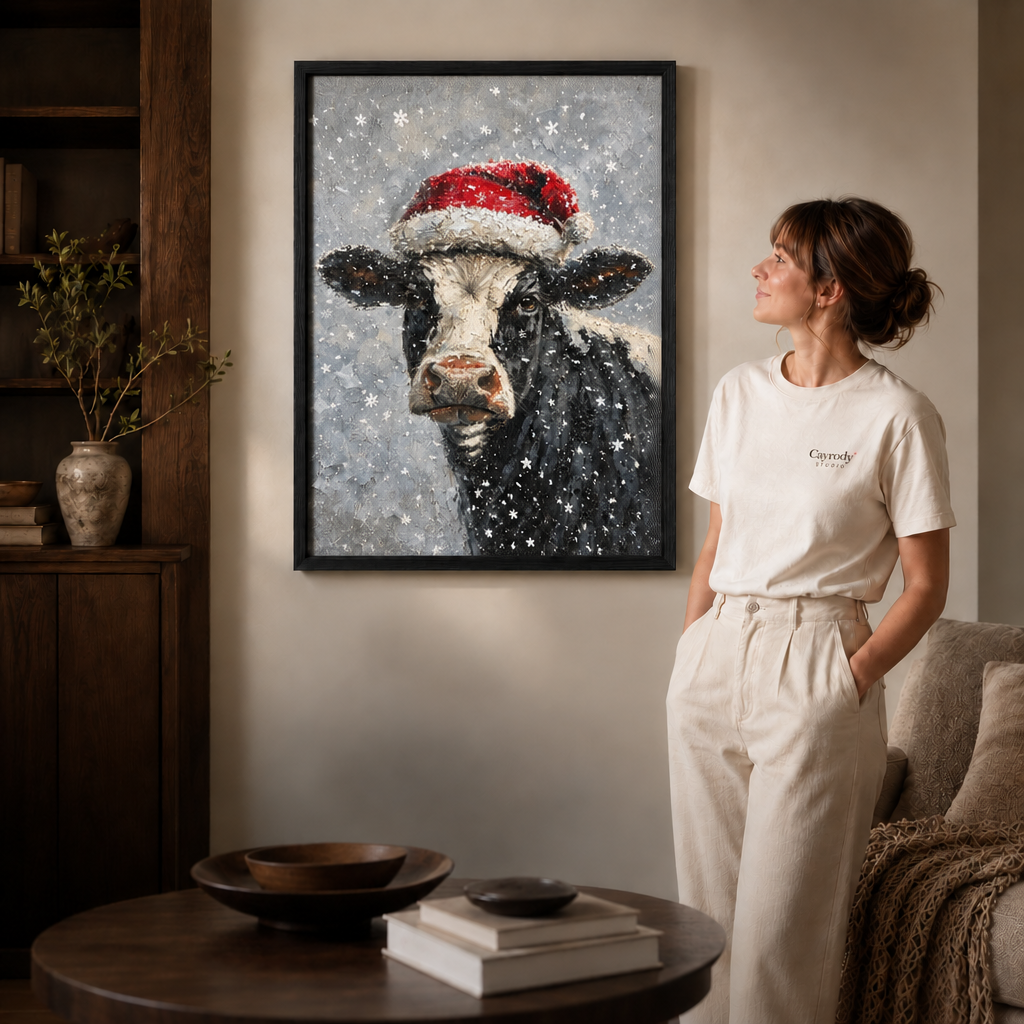 Woman viewing black-framed Christmas cow wall art above a round coffee table.