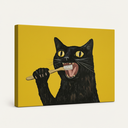 Angled gallery-wrapped black cat canvas showing the artwork across frameless edges