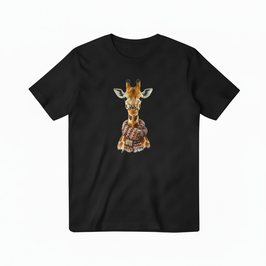 Giraffe with Scarf Black T-shirt