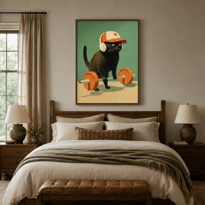 Gym cat wall art with headphones and barbell above a cozy neutral bedroom headboard