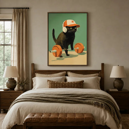 Gym cat wall art with headphones and barbell above a cozy neutral bedroom headboard