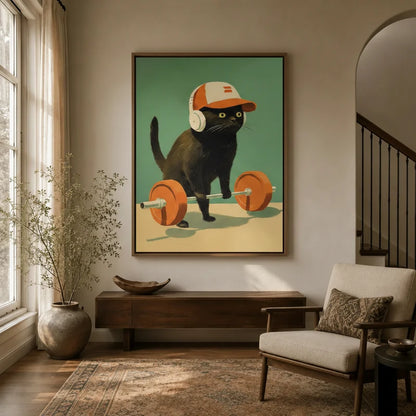 Retro gym cat framed canvas wall art displayed in a warm modern entryway