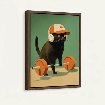 Close-up of gym cat framed canvas art with walnut floater frame on white wall