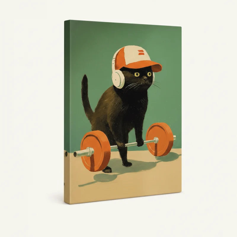 Gallery-wrapped gym cat canvas art angled view showing bold retro illustration