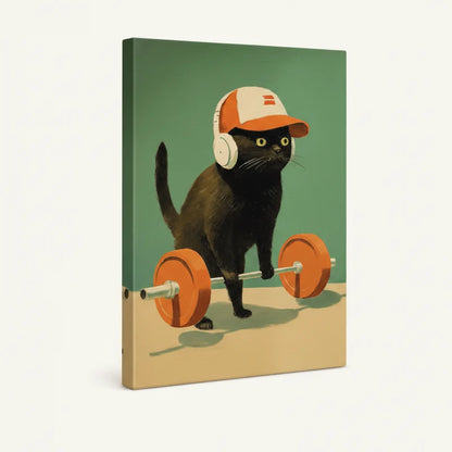 Gallery-wrapped gym cat canvas art angled view showing bold retro illustration