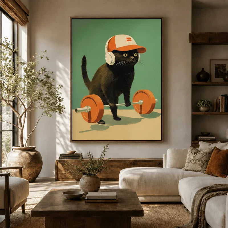 Funny black cat barbell canvas art hanging above a neutral boho living room sofa