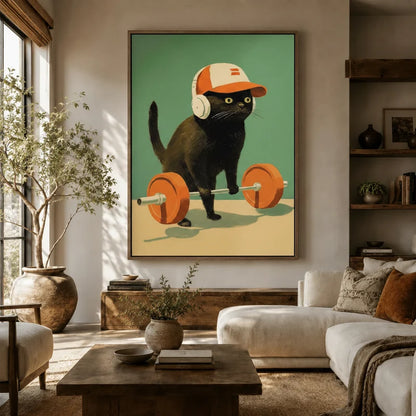 Funny black cat barbell canvas art hanging above a neutral boho living room sofa