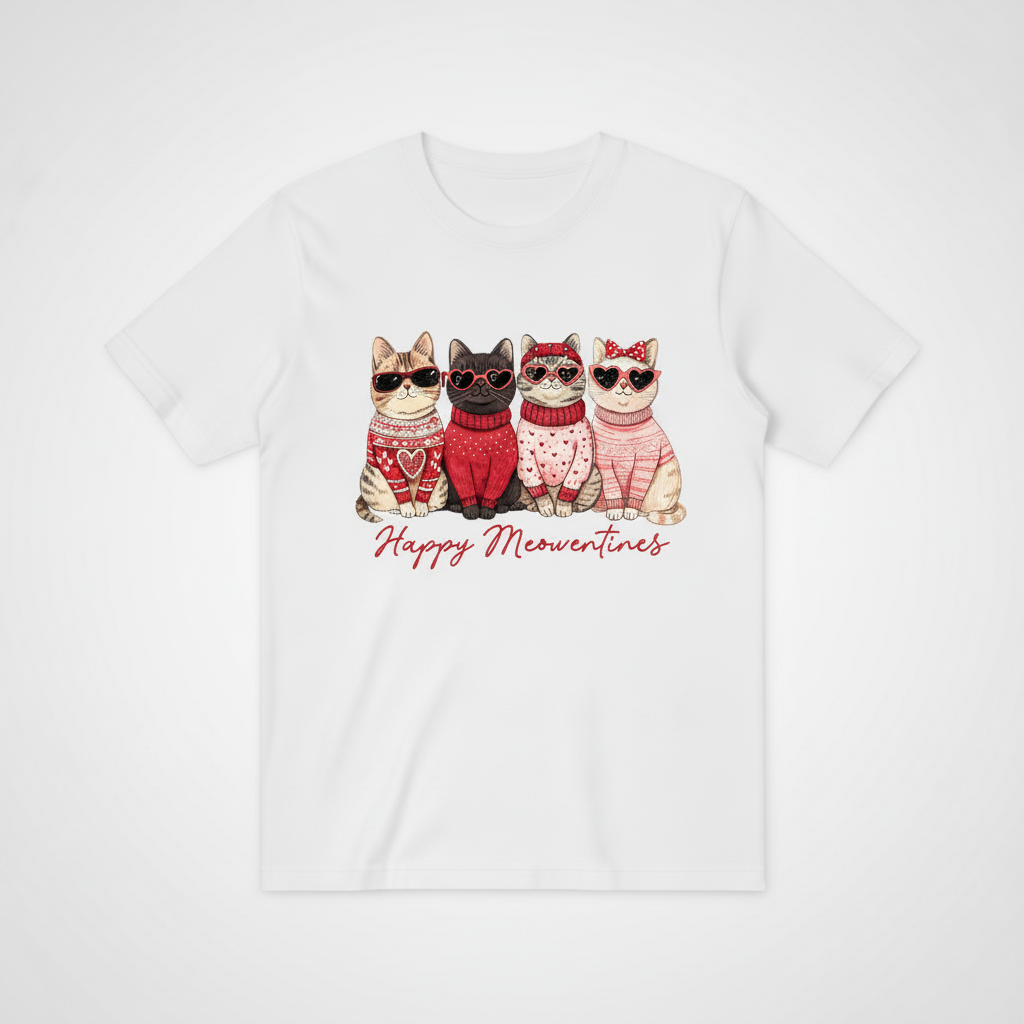 Happy Meowentines四只猫咪T恤-白色版