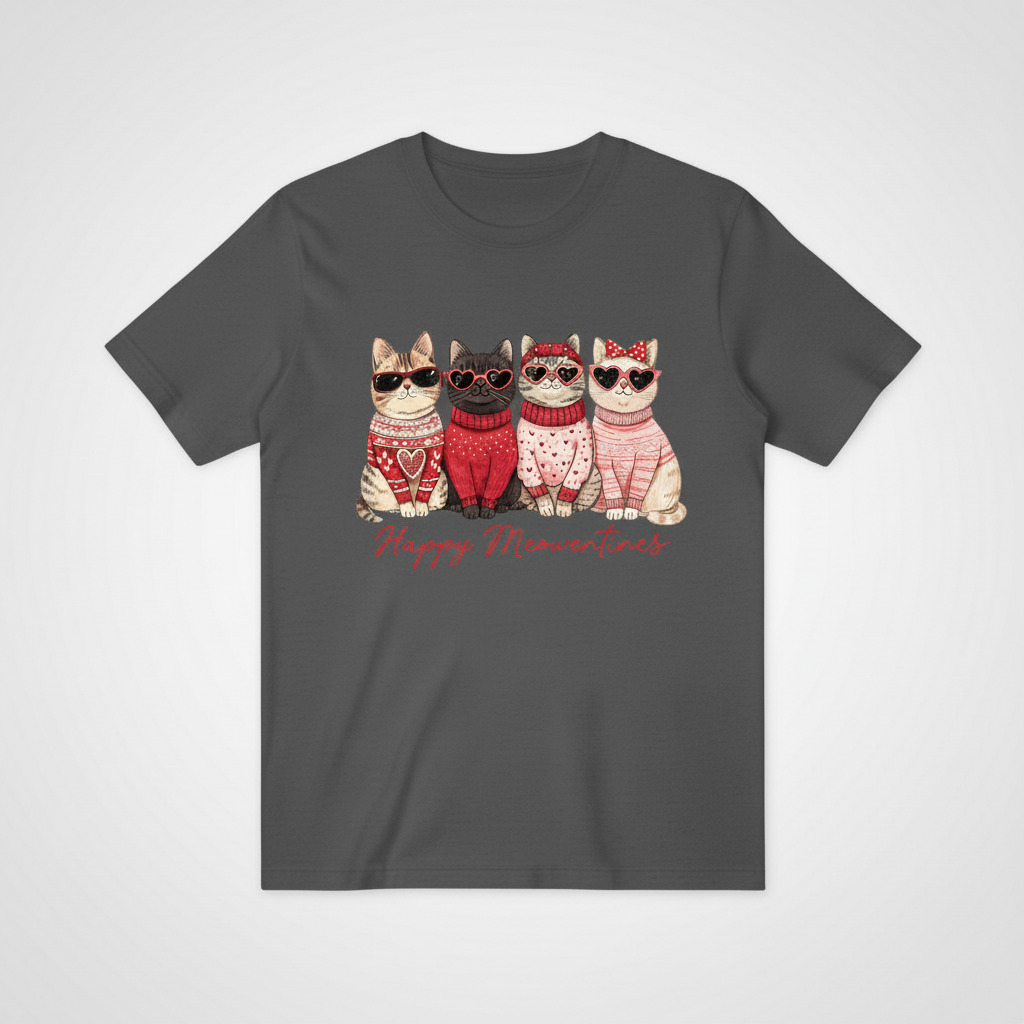 Happy Meowentines四只猫咪T恤-深灰色