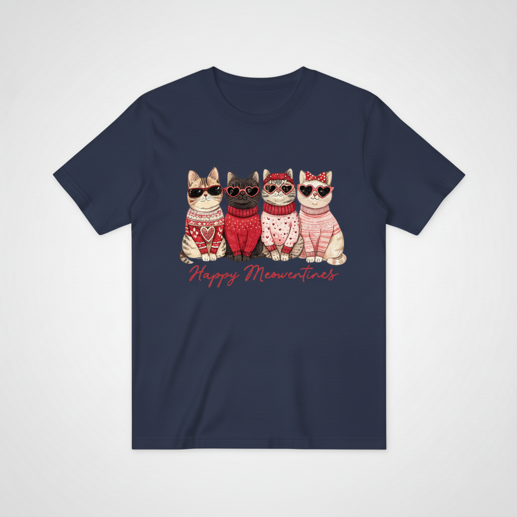 Happy Meowentines四只猫咪T恤-深蓝色