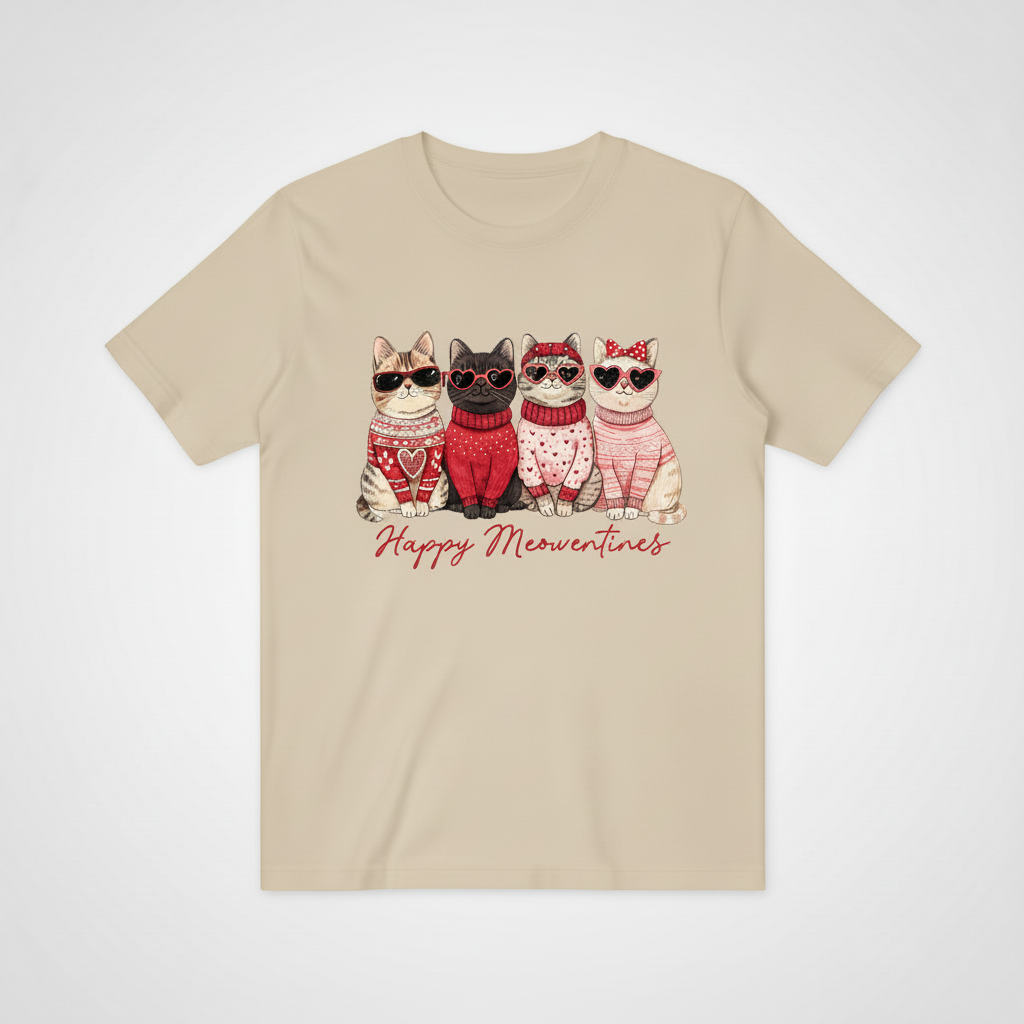 Happy Meowentines四只猫咪T恤-米黄色