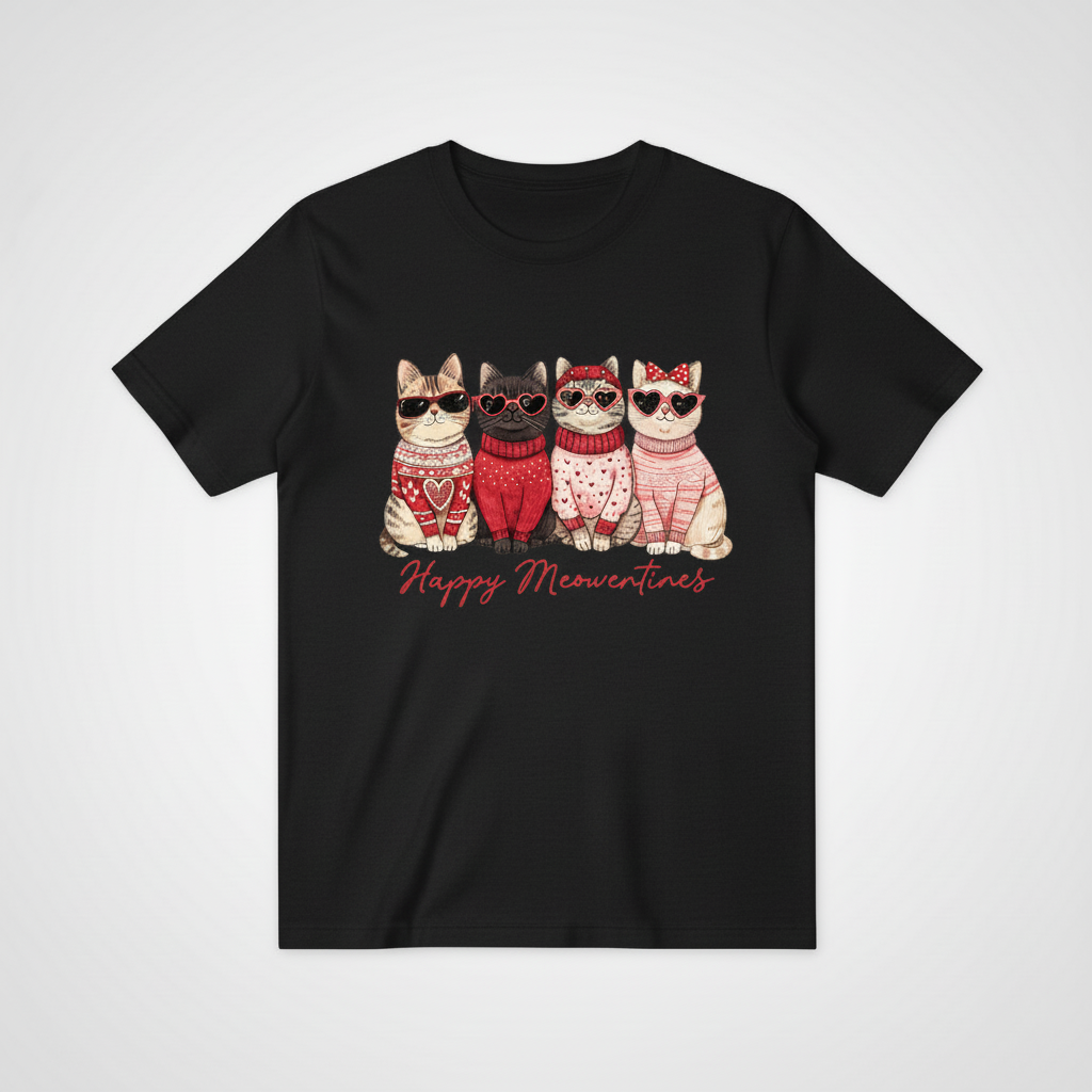 Happy Meowentines四只猫咪T恤-黑色