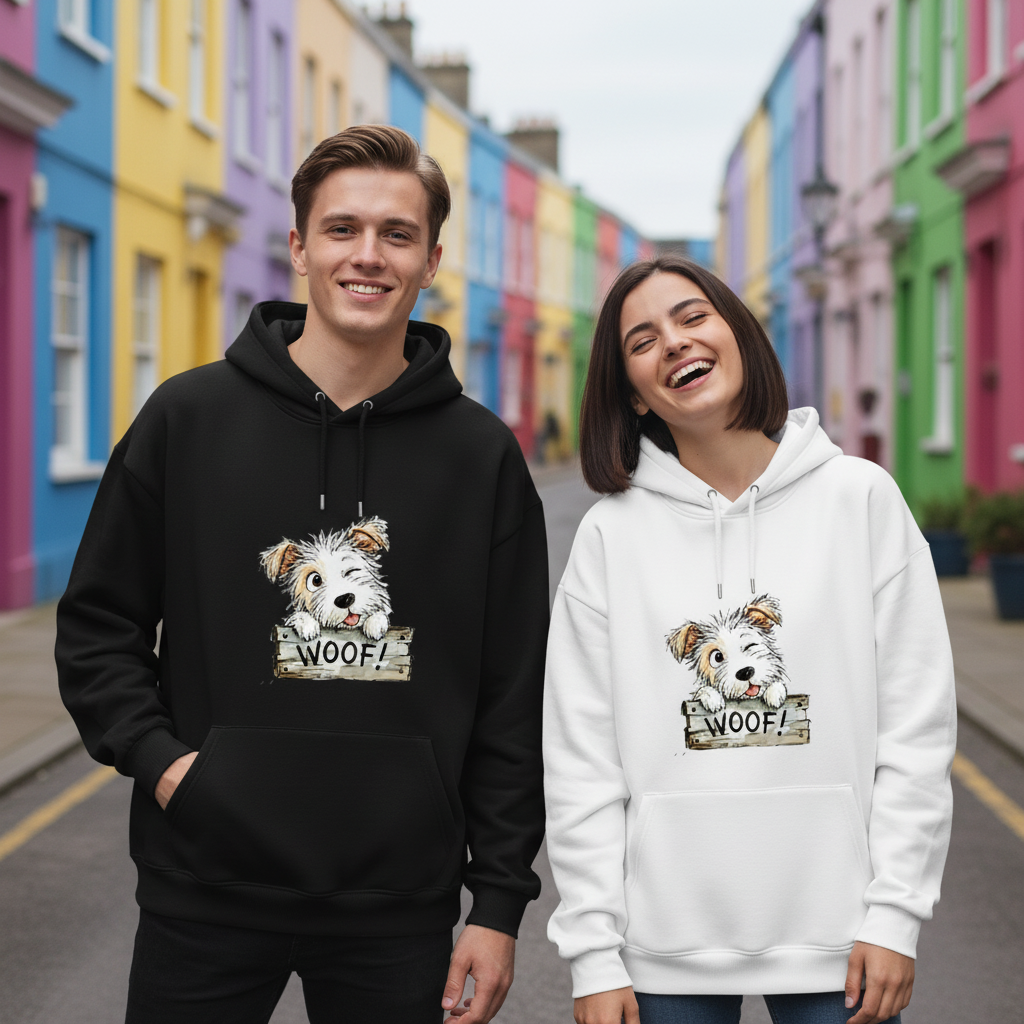 "Woof!" Cute Fluffy Puppy Watercolor Graphic Hoodie H1129