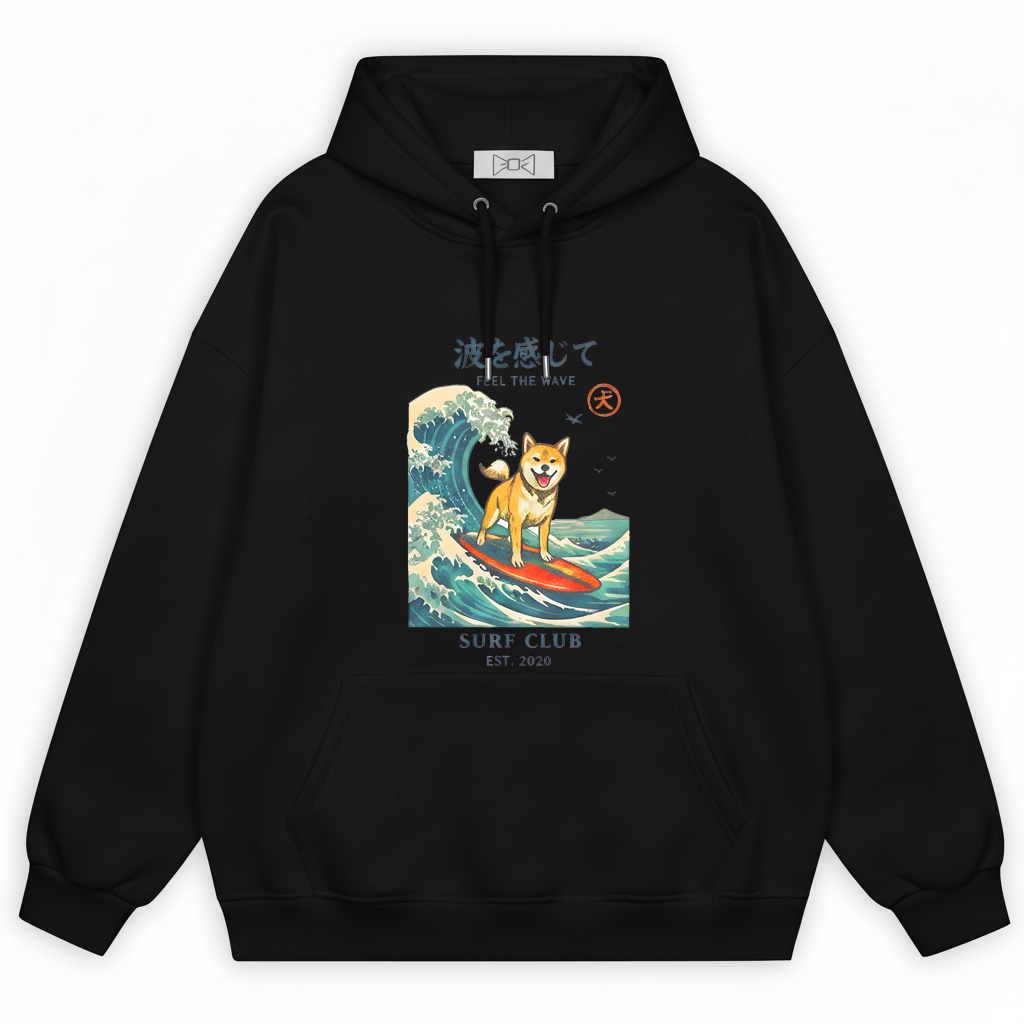 "Feel the Wave" Surfing Shiba Inu Japanese Graphic Hoodie H1136