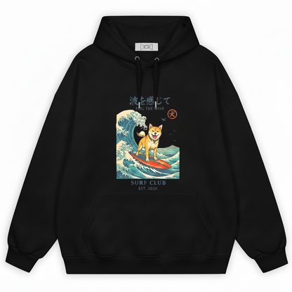 "Feel the Wave" Surfing Shiba Inu Japanese Graphic Hoodie H1136