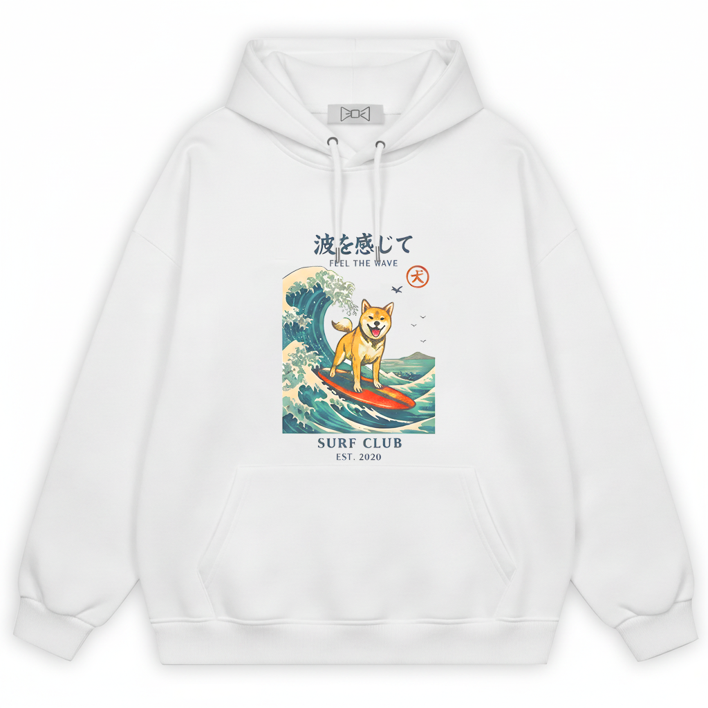 "Feel the Wave" Surfing Shiba Inu Japanese Graphic Hoodie H1136