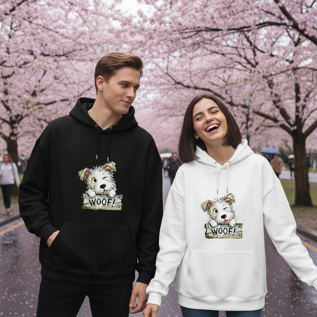 "Woof!" Cute Fluffy Puppy Watercolor Graphic Hoodie H1129