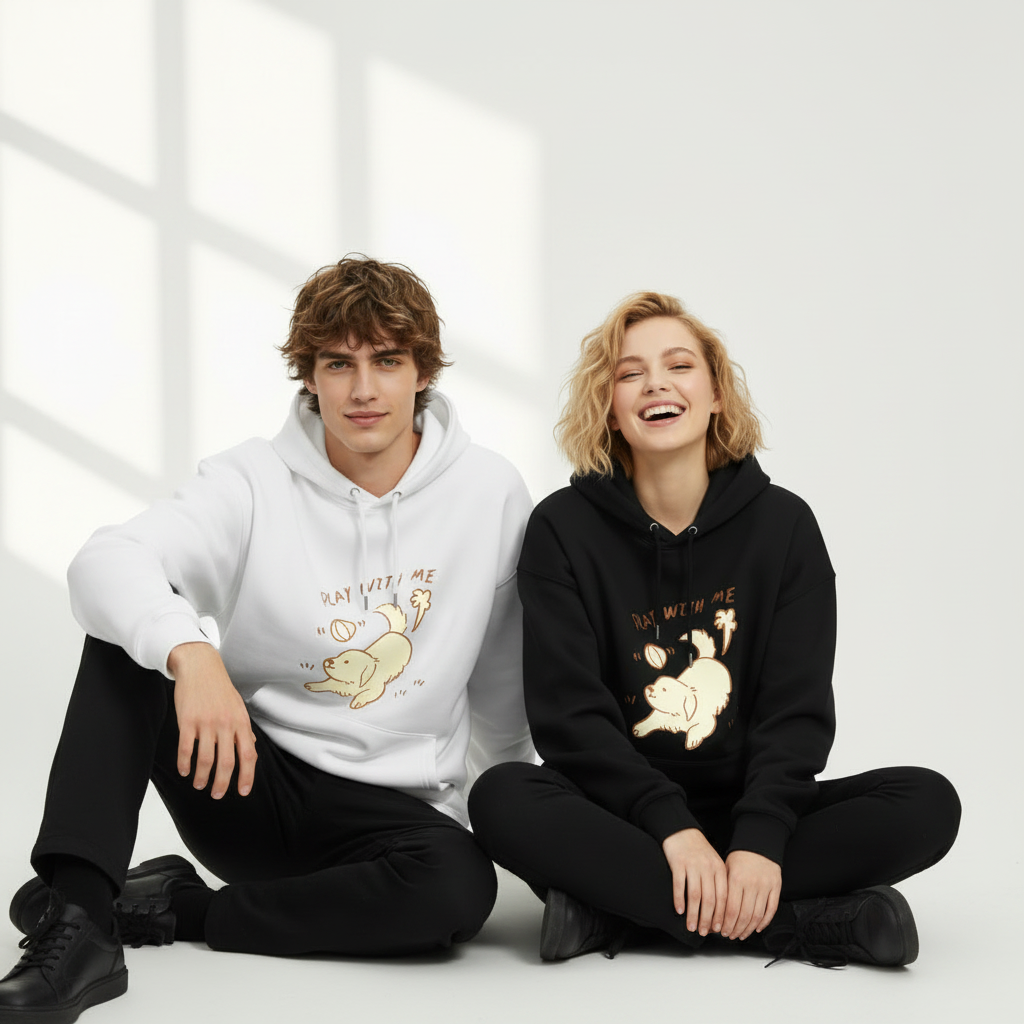 "Play With Me" Cute Golden Puppy Doodle Graphic Hoodie H1137