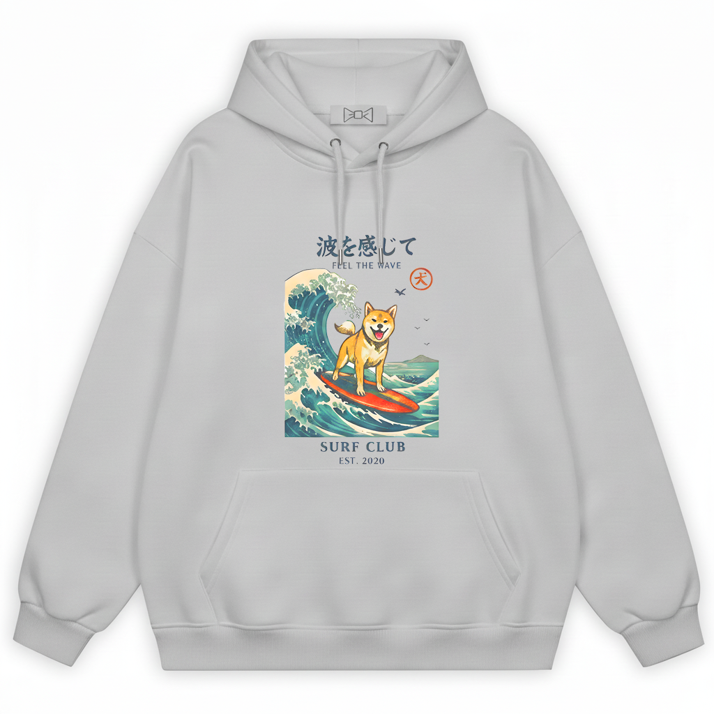 "Feel the Wave" Surfing Shiba Inu Japanese Graphic Hoodie H1136