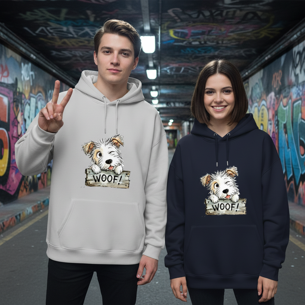 "Woof!" Cute Fluffy Puppy Watercolor Graphic Hoodie H1129