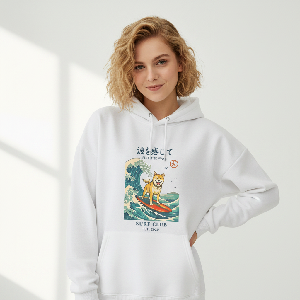 "Feel the Wave" Surfing Shiba Inu Japanese Graphic Hoodie H1136